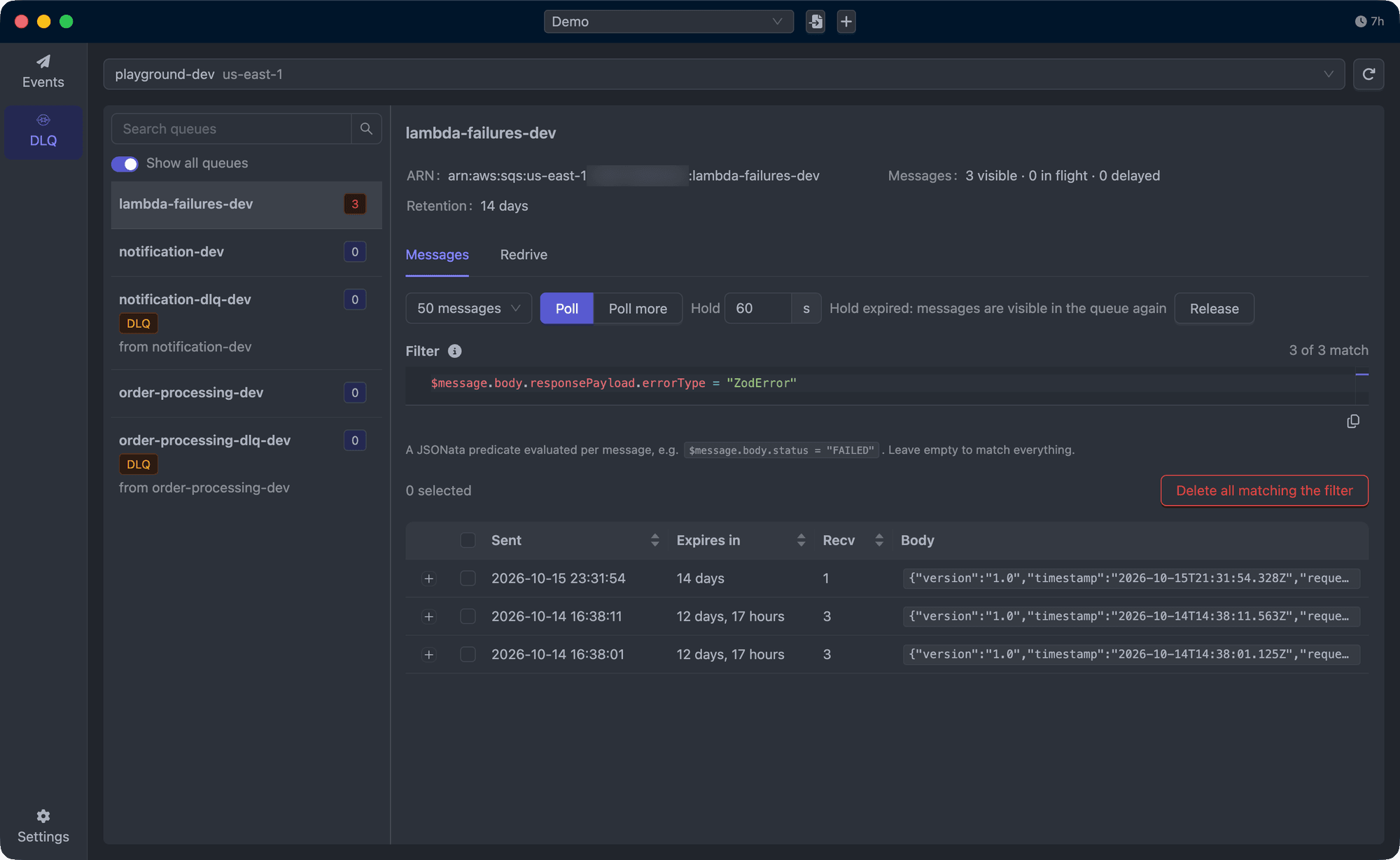 Asynkr DLQ screen listing messages filtered with a JSONata expression