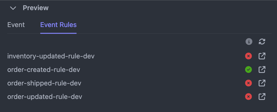 Asynkr Event Rules tab showing which EventBridge rules match the current event