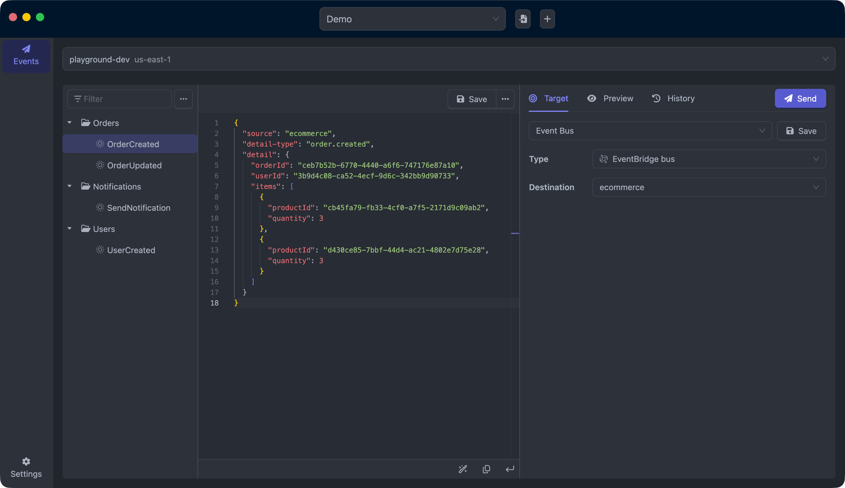 Asynkr app — event collections, payload editor, and target panel