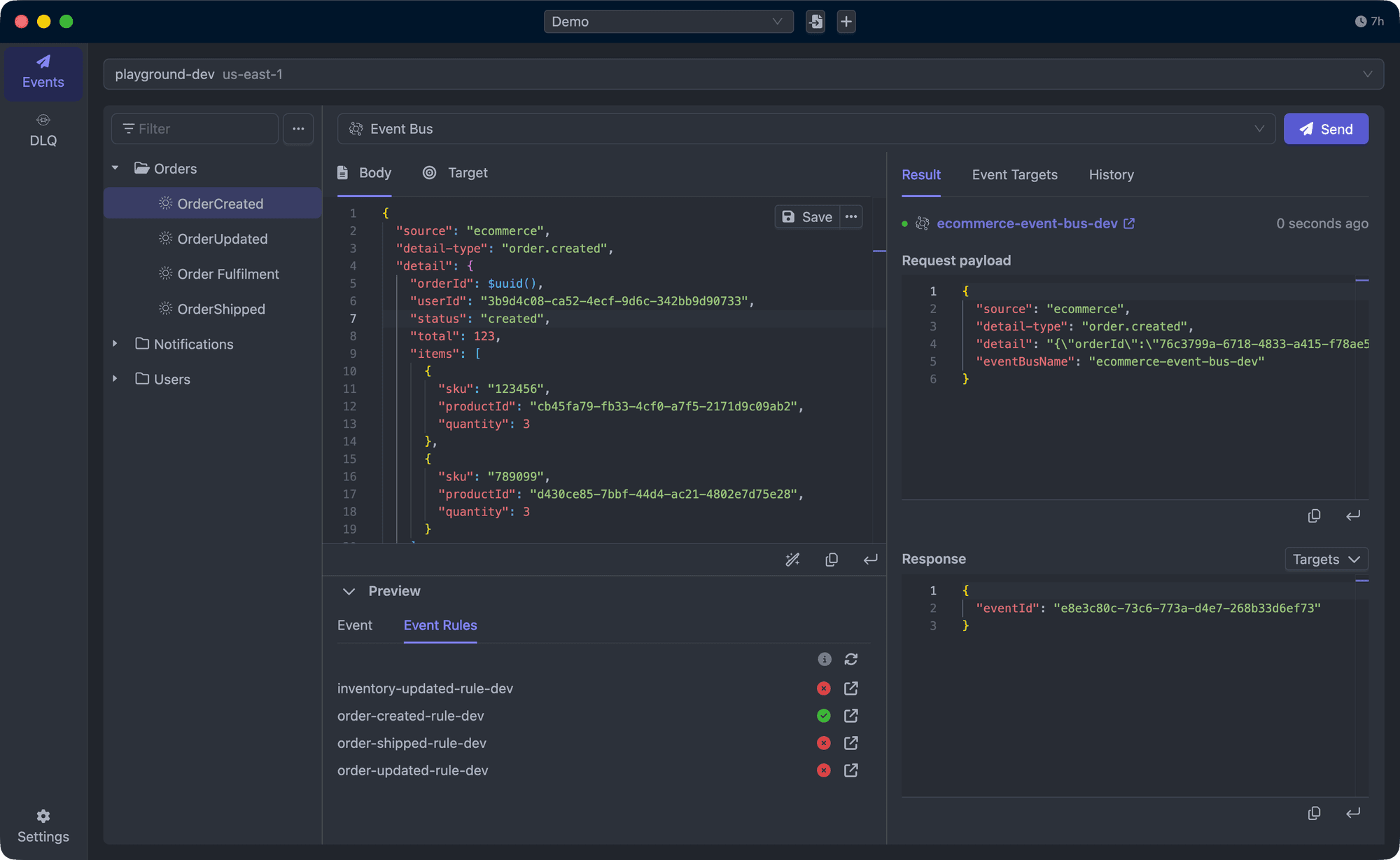Asynkr app — event collections, payload editor, and result panel