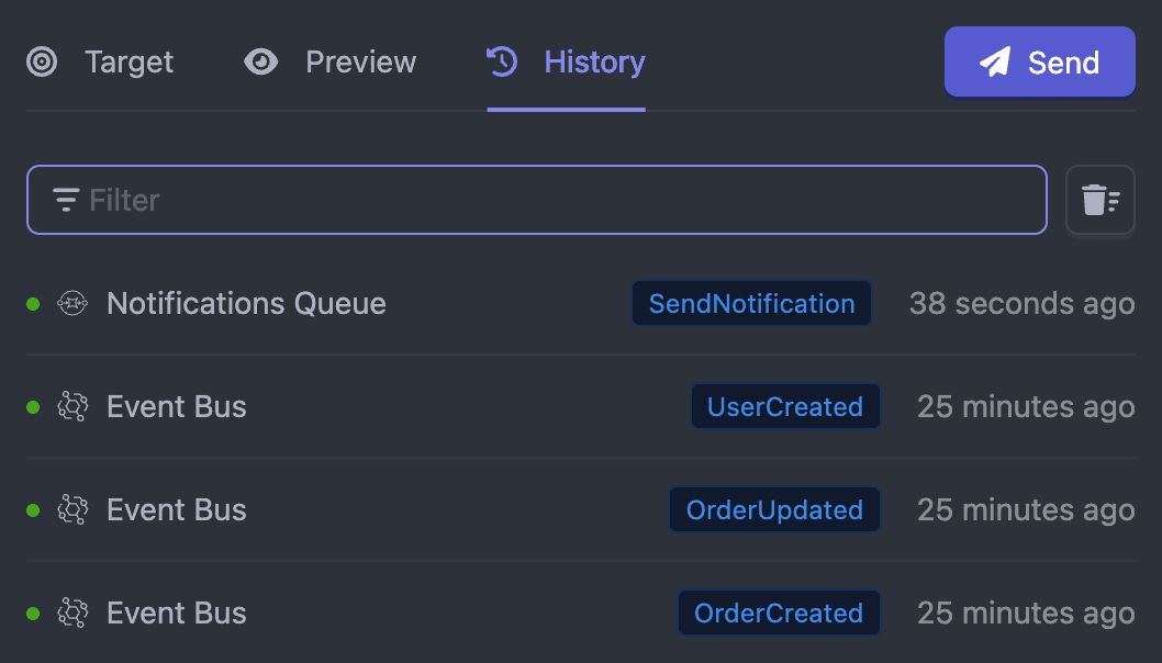 Asynkr send history panel