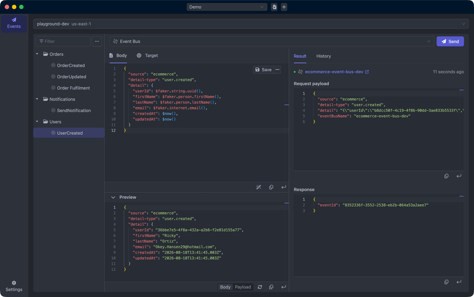 Asynkr app — event collections, payload editor, and result panel