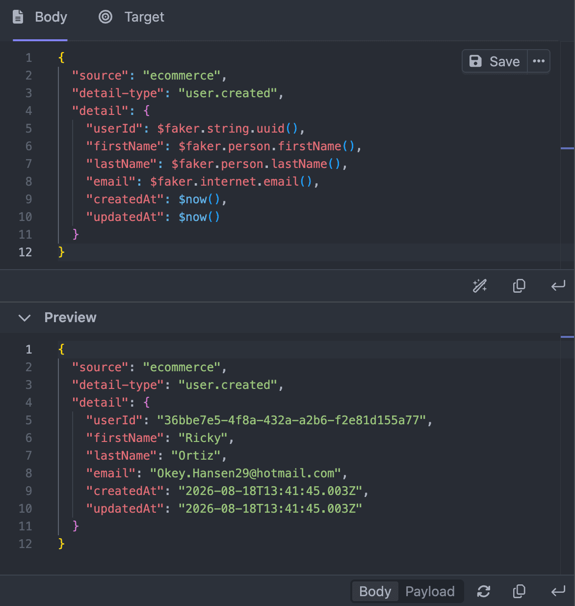 Asynkr JSONata and Faker.js payload templating showing a resolved fake user
