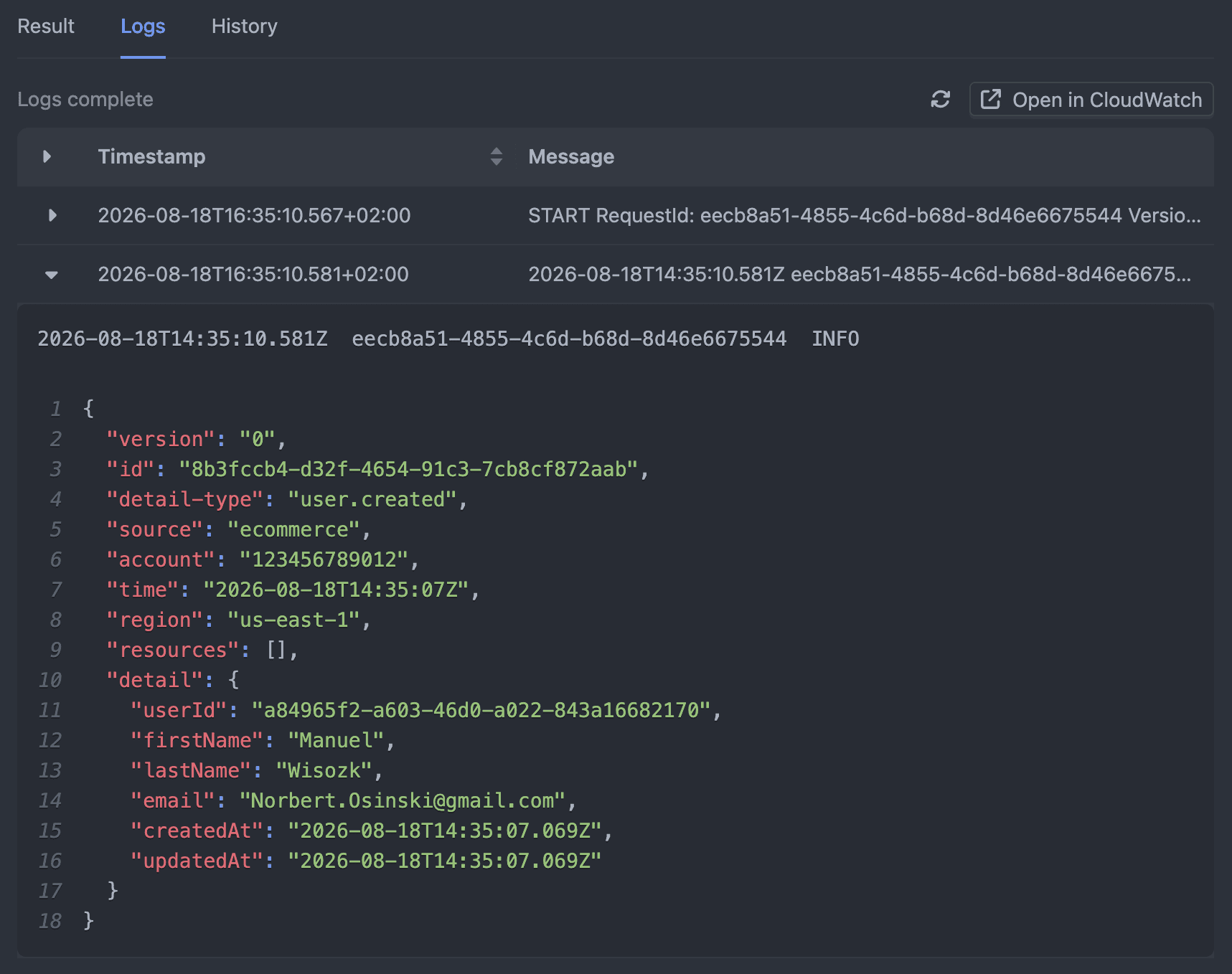 Asynkr result panel with CloudWatch Lambda logs