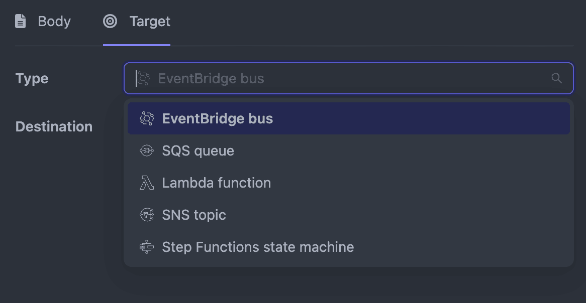 Asynkr target panel detail showing all supported AWS target types